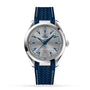The OMEGA Seamaster Aqua Terra 150M features a silver case, textured grey dial, blue hour markers and hands, date display, and a blue textured strap, photographed on a white background.