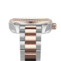 Close-up side view of the OMEGA Seamaster Aqua Terra 150M, featuring a rose gold and silver metal band, diamond-studded bezel, and powered by the precise 8800 calibre movement.