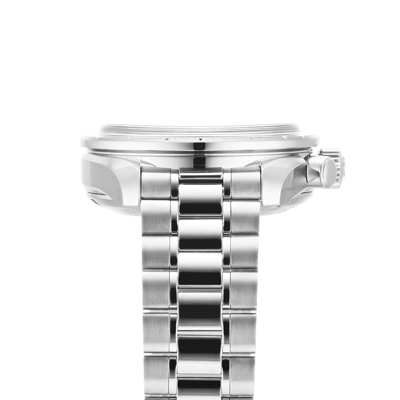 Side view of an OMEGA Speedmaster 38 wristwatch, featuring a stainless steel case, metal link bracelet, polished finish, and prominent crown, photographed against a white background.