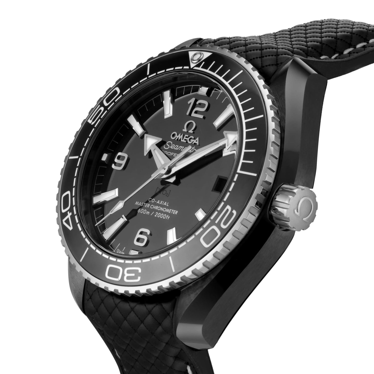 A close-up of an OMEGA Seamaster Planet Ocean 600M wristwatch featuring a black dial, textured strap, and rotating bezel.
