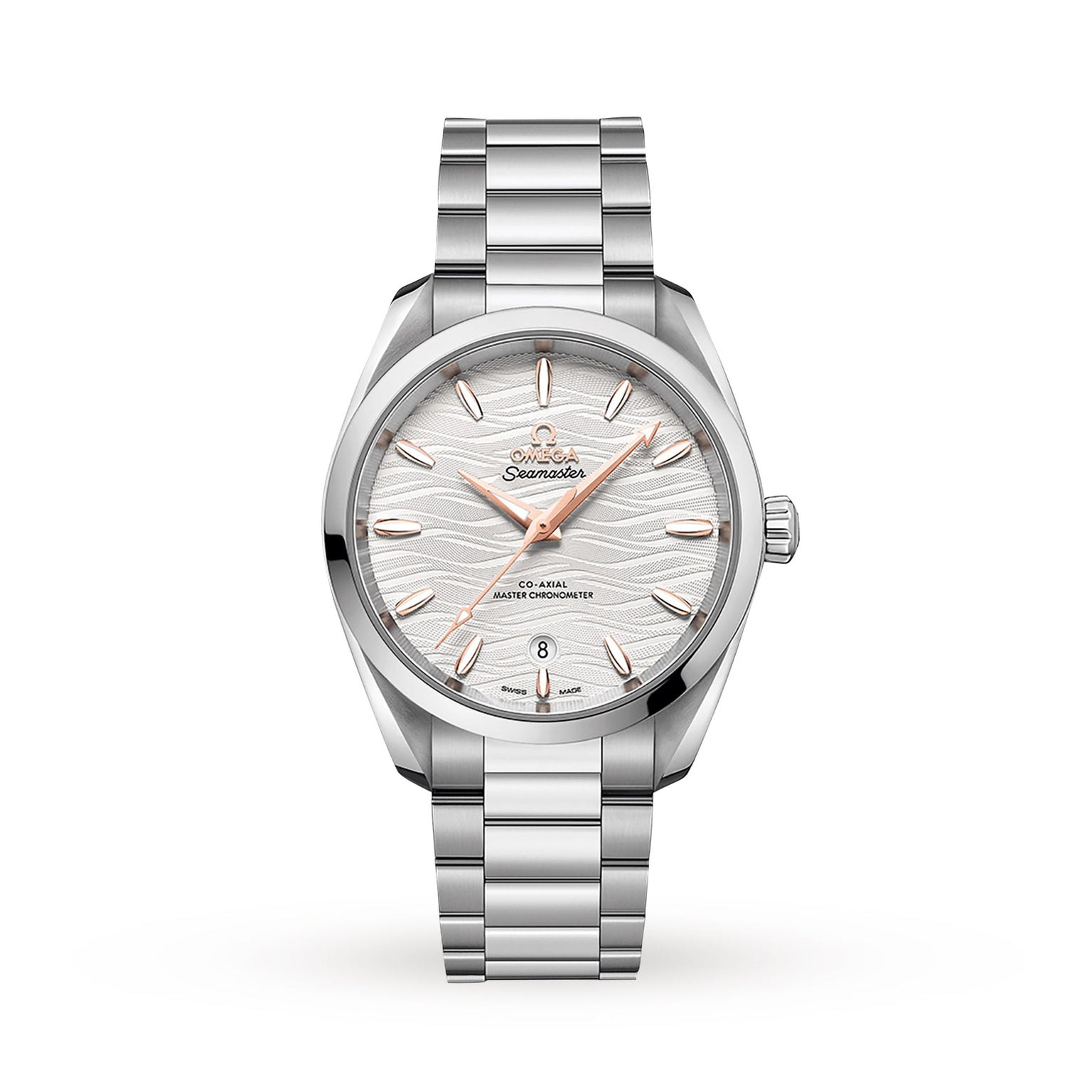 An OMEGA Seamaster Aqua Terra 150M wristwatch with a stainless steel band, white textured dial, rose gold hands and markers, and a date window at 6 o’clock is shown on a white background.