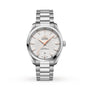 An OMEGA Seamaster Aqua Terra 150M wristwatch with a stainless steel band, white textured dial, rose gold hands and markers, and a date window at 6 o’clock is shown on a white background.