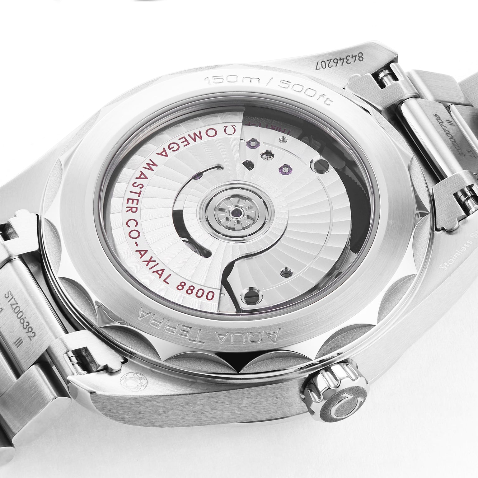 Close-up of the back of an OMEGA Seamaster Aqua Terra 150M watch, highlighting its Master Co-Axial 8800 automatic movement through a transparent case back.