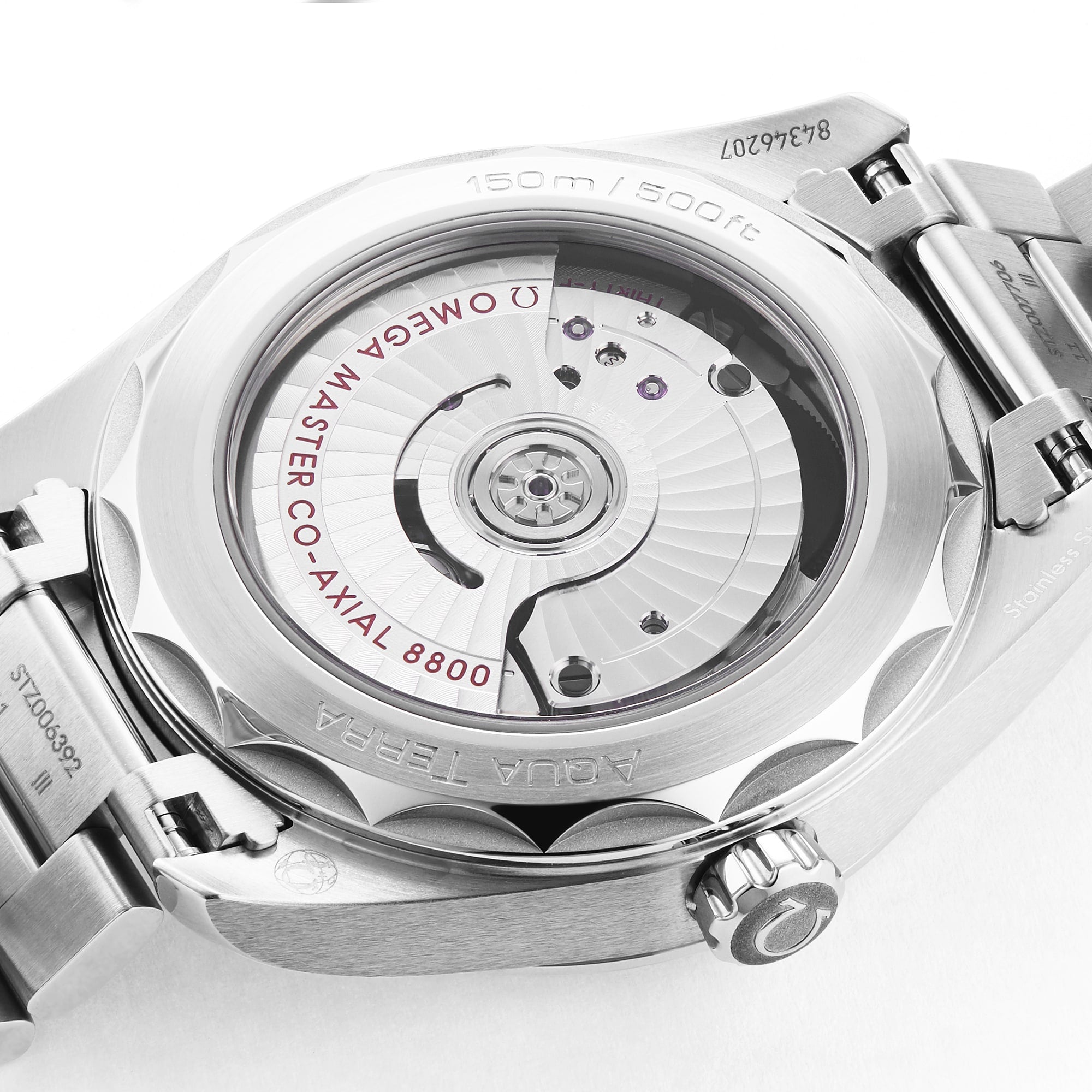 Close-up of the back of an OMEGA Seamaster Aqua Terra 150M watch, highlighting its Master Co-Axial 8800 automatic movement through a transparent case back.