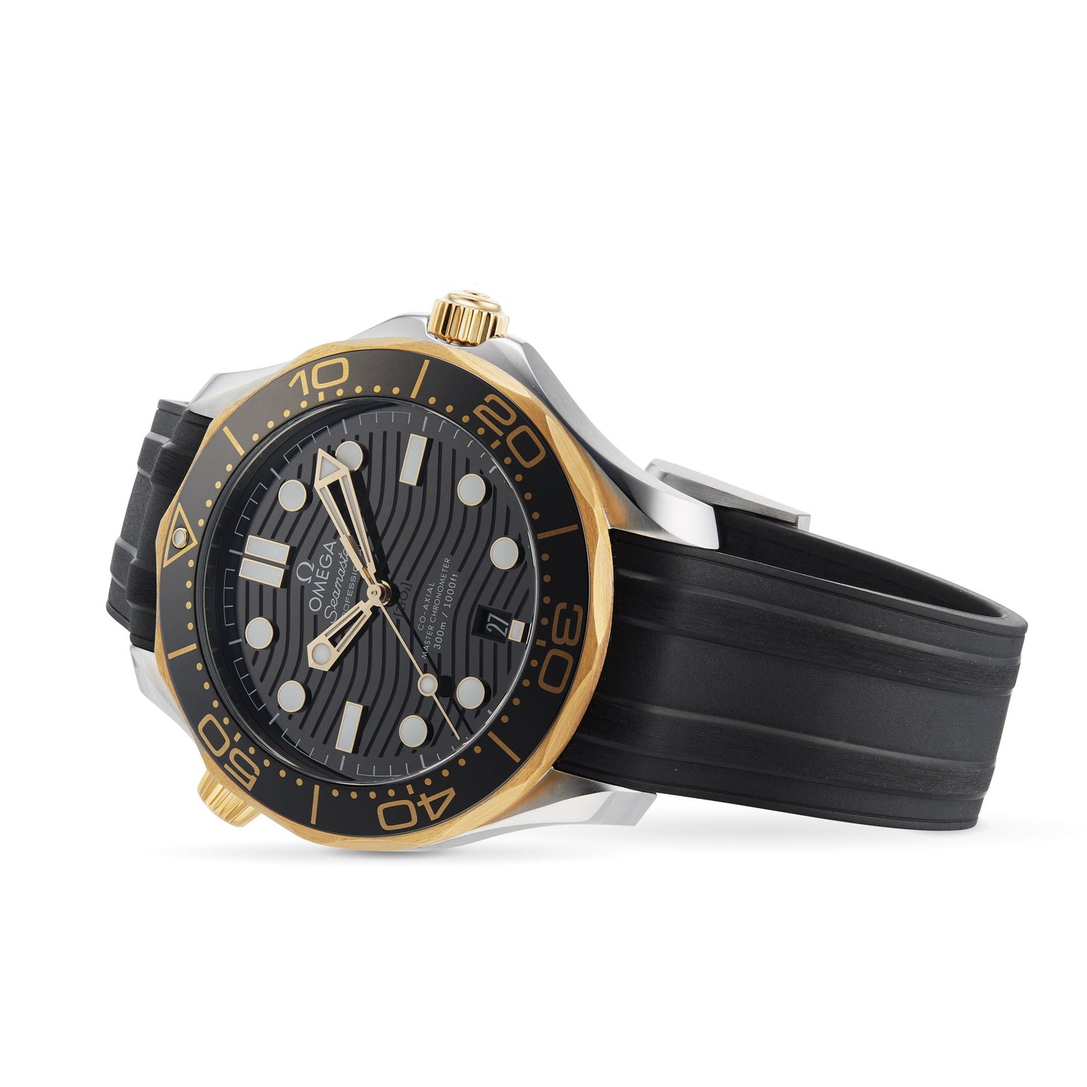 The OMEGA Seamaster Diver 300M features a black rubber strap, black dial, gold bezel and crown, white hour markers and hands, and is powered by the Co-Axial calibre 8800 for lasting style.