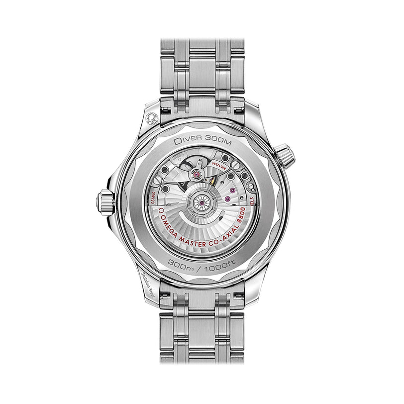 Back view of the OMEGA Seamaster Diver 300M in stainless steel, featuring a transparent case back with visible movement and engraved details like OMEGA Seamaster Diver 300M and 300m / 1000ft—a true icon.