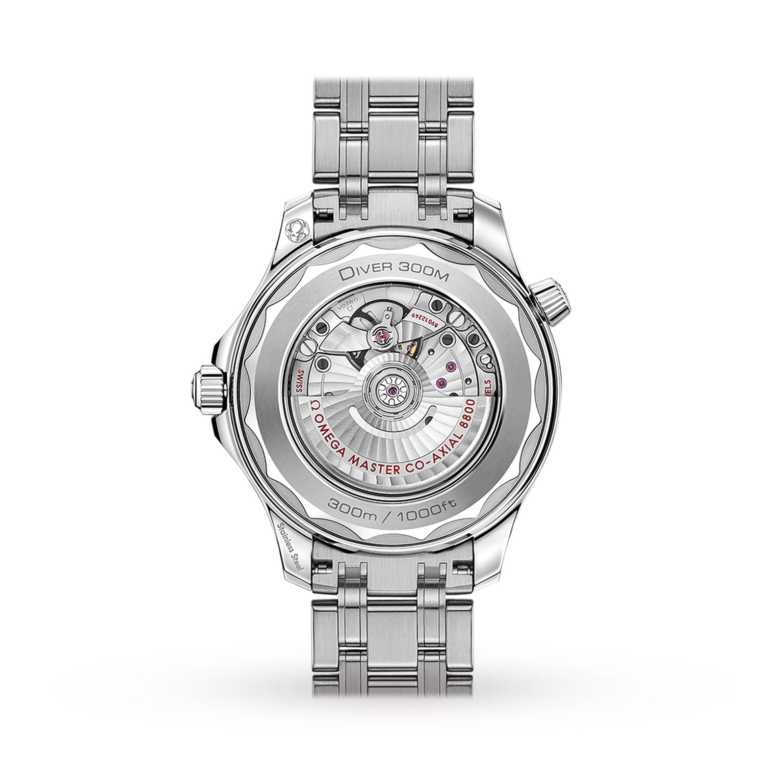 Rear view of the OMEGA Seamaster Diver 300M, featuring a transparent caseback that reveals the Master Chronometer Calibre 8800 movement and engraved DIVER 300M and OMEGA MASTER CO-AXIAL 8800 text.