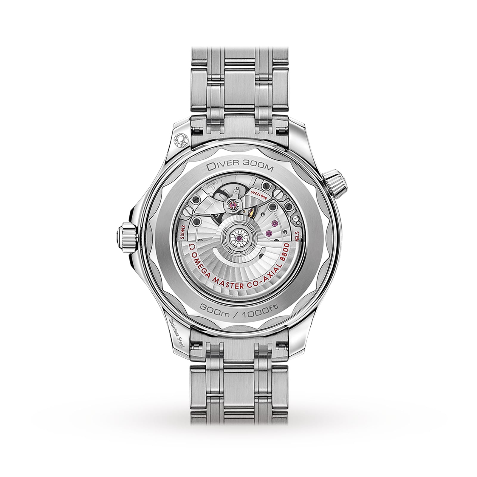 Rear view of the OMEGA Seamaster Diver 300M, featuring a transparent caseback that reveals the Master Chronometer Calibre 8800 movement and engraved DIVER 300M and OMEGA MASTER CO-AXIAL 8800 text.