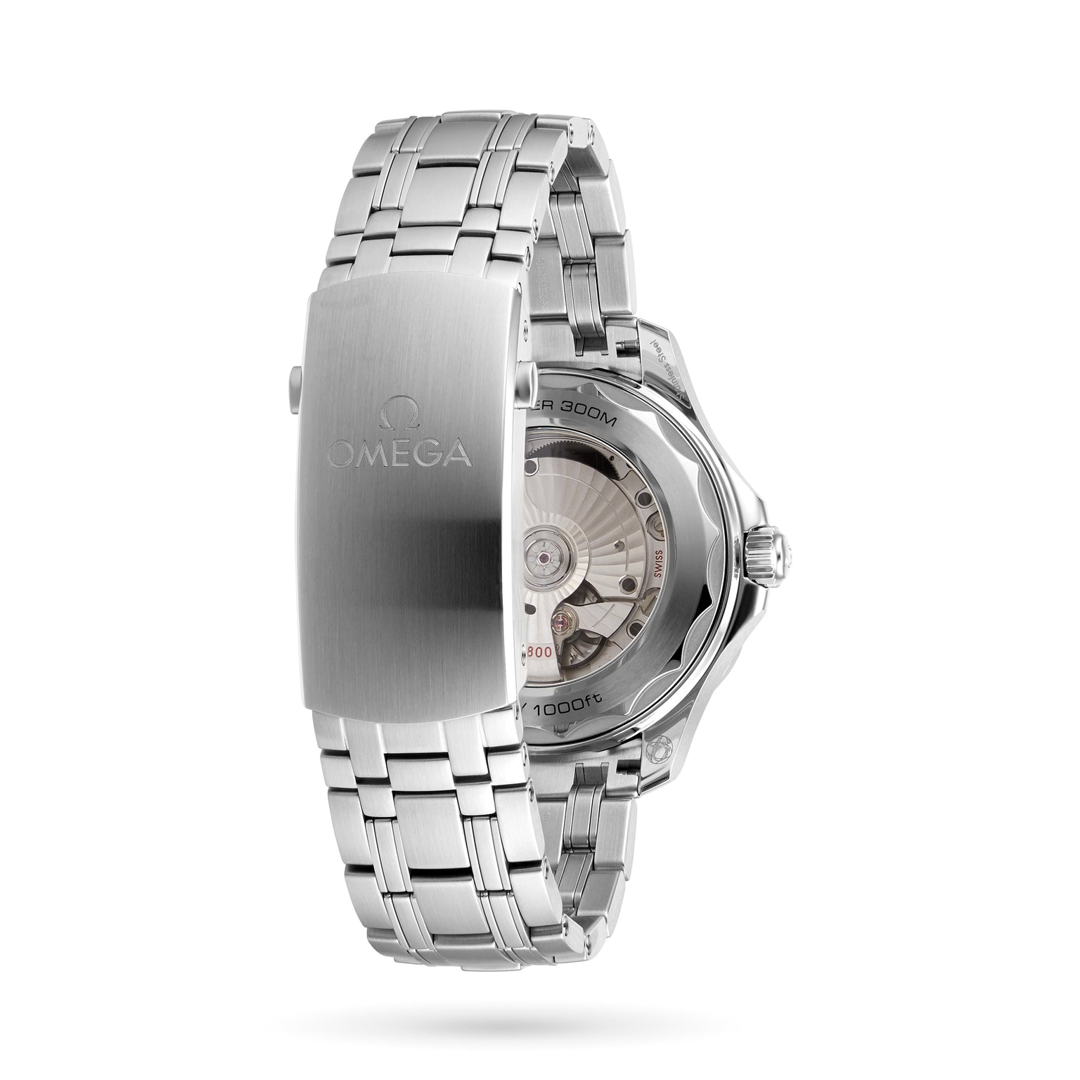 An OMEGA Seamaster Diver 300M wristwatch in stainless steel is shown with its clasp and open case back visible, revealing the Master Chronometer Calibre 8800 movement.