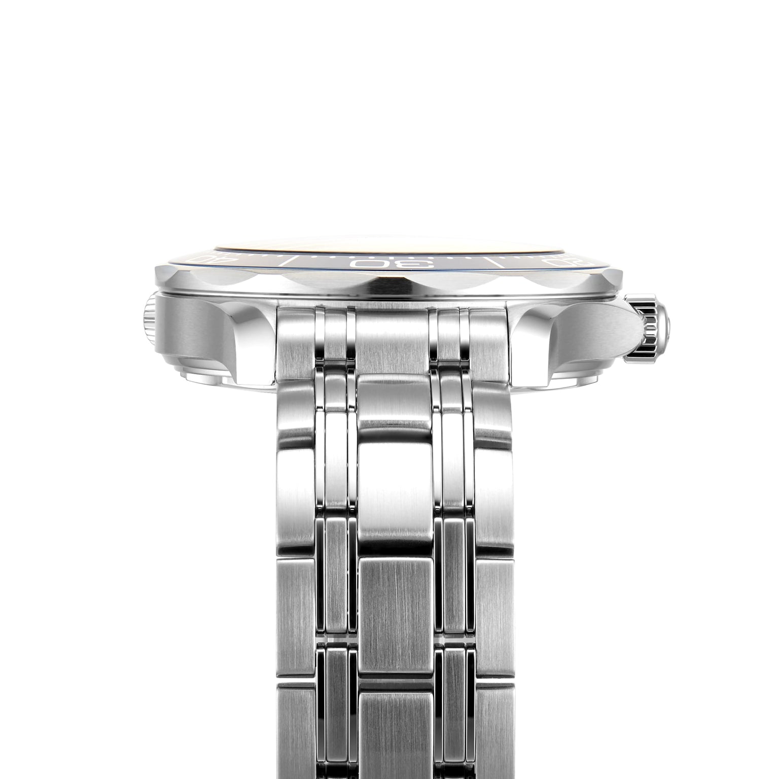 Side view of an OMEGA Seamaster Diver 300M with a stainless steel link band, showing crown, bezel, and part of the dial on a white background—an iconic watch powered by the Master Chronometer Calibre 8800.
