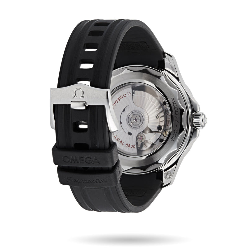 Back view of an OMEGA Seamaster Diver 300M watch with a black rubber strap, showing its exposed mechanical movement and stainless steel buckle.