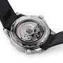 Close-up of the back of an OMEGA Seamaster Diver 300M watch, featuring the exposed mechanical movement, engravings, and a black rubber strap.
