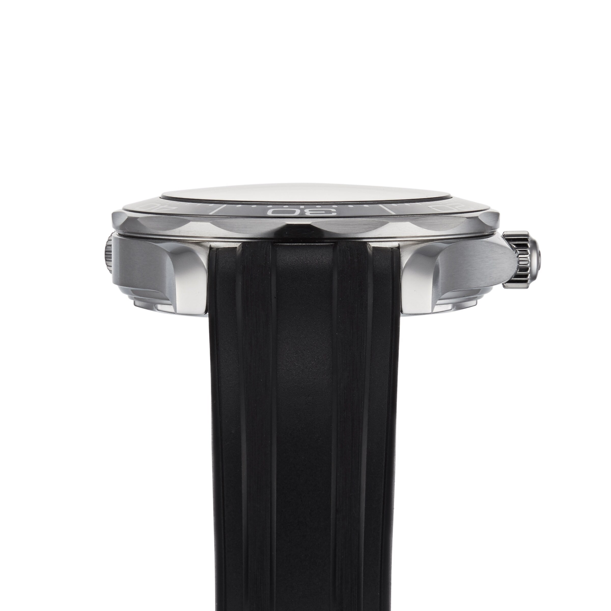 Side view of an OMEGA Seamaster Diver 300M watch featuring a black strap, silver bezel, and visible crown, set against a white background.