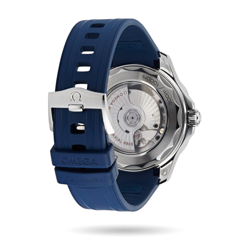 The back of the OMEGA Seamaster Diver 300M displays the Calibre 8800 movement and comes with a blue rubber strap engraved with the Omega logo and Seamaster.