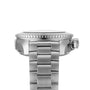 Side view of the OMEGA Seamaster Planet Ocean 600M divers watch in stainless steel with metal bracelet, visible crown, and textured bezel shown against a white background.