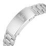 Close-up of a stainless steel OMEGA bracelet and clasp, featuring the engraved OMEGA logo—an iconic detail of the Seamaster Planet Ocean 600M watch.
