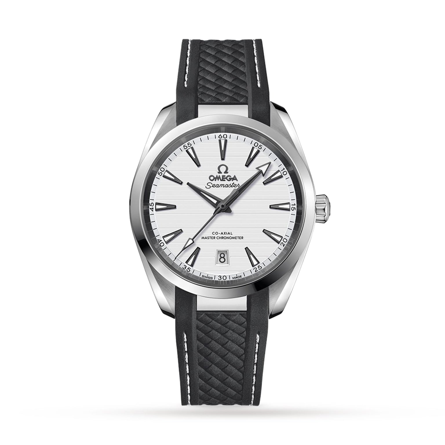 An OMEGA Seamaster Aqua Terra 150M watch with a silver case, white dial, black hour markers, date at 6 o’clock, and a textured black strap on a white background. Inspired by luxury sailboats and Master Chronometer certified.