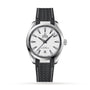 An OMEGA Seamaster Aqua Terra 150M watch with a silver case, white dial, black hour markers, date at 6 o’clock, and a textured black strap on a white background. Inspired by luxury sailboats and Master Chronometer certified.