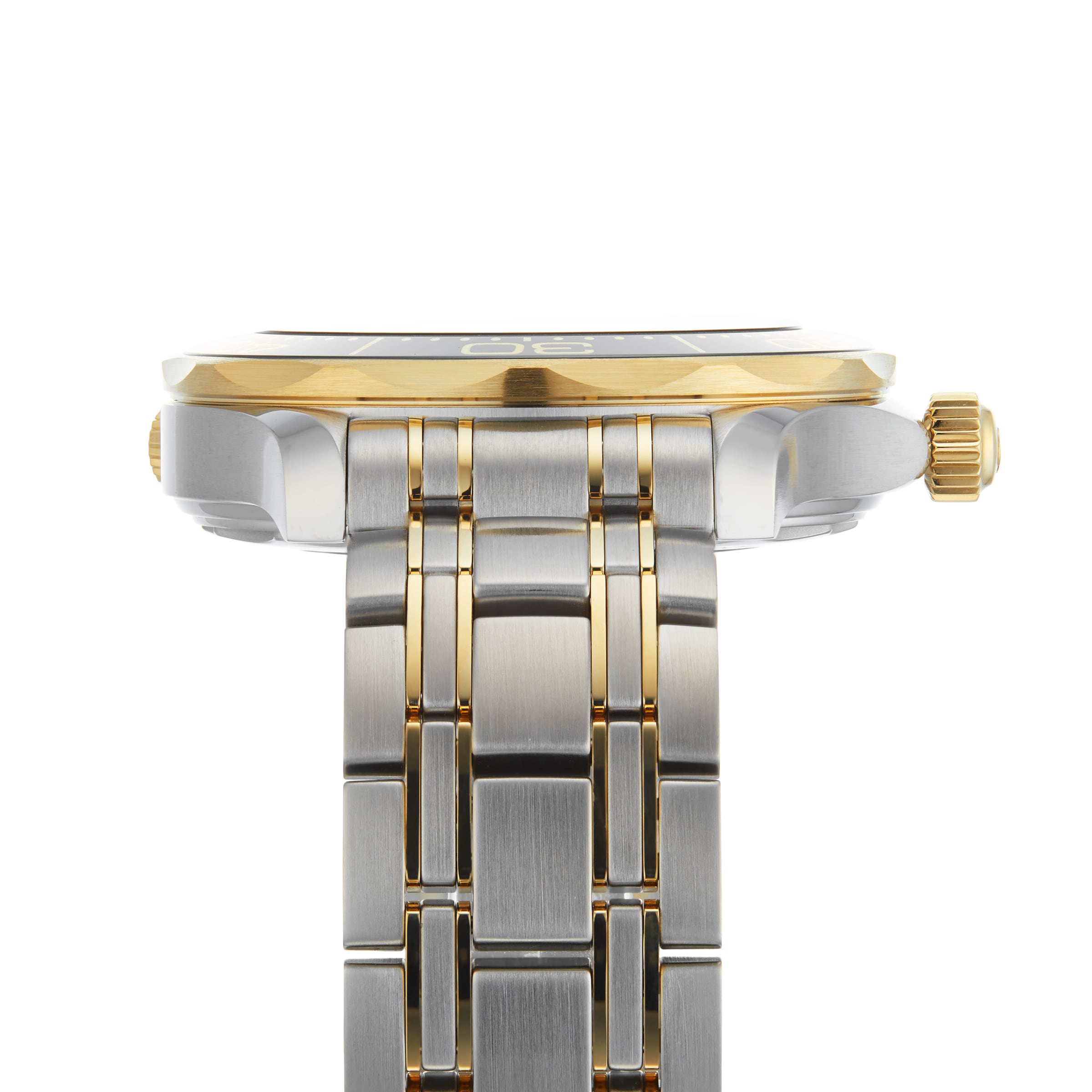 Close-up side view of the OMEGA Seamaster Diver 300M, showcasing its two-tone metal bracelet, prominent crown, and the edge of the watch face.