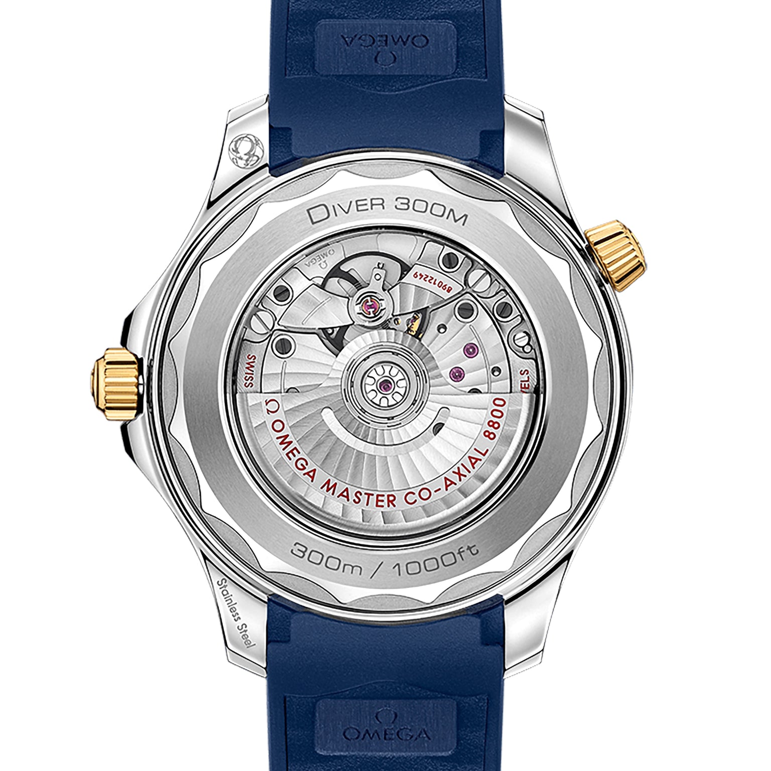 Back view of the OMEGA Seamaster Diver 300M, displaying its Master Chronometer 8800 calibre movement, water resistance details, and blue rubber strap.