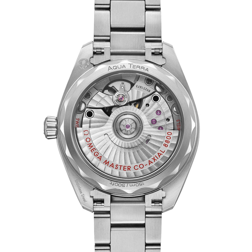 The image shows the back of an OMEGA Seamaster Aqua Terra 150M, featuring a transparent caseback that reveals the Master Chronometer-certified Co-Axial 8800 movement with visible gears and engravings.