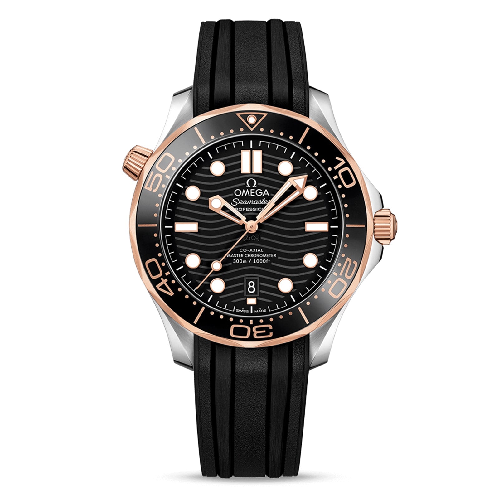 OMEGA Seamaster Diver 300M with a black rubber strap, black dial, gold accents, wavy pattern, date at 6 o’clock, and Ceragold bezel markings.