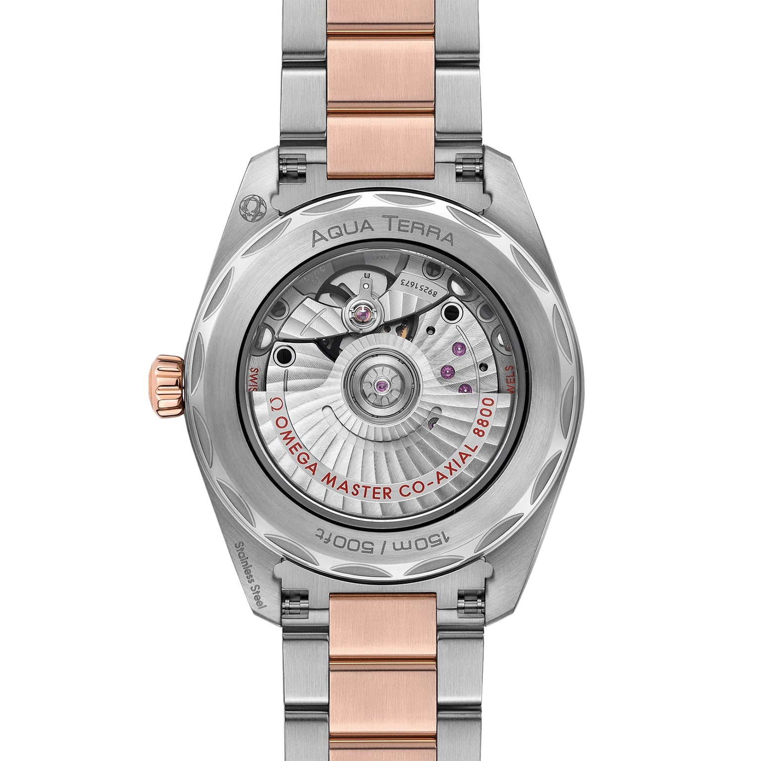 Close-up of the back of the OMEGA Seamaster Aqua Terra 150M, highlighting its exposed calibre 8800 movement and a silver and rose gold two-tone bracelet—a tribute to OMEGAs maritime legacy.