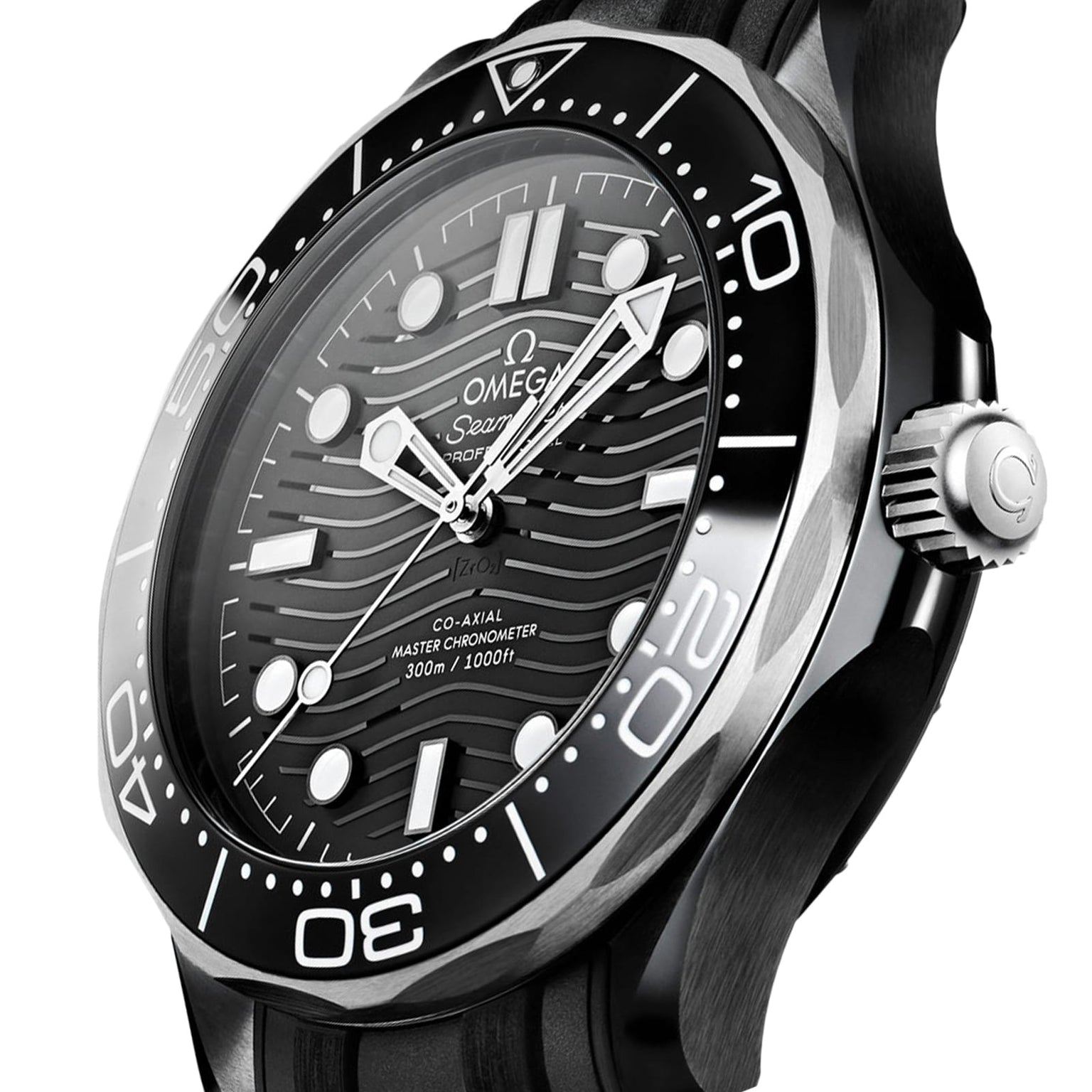 Close-up of an OMEGA Seamaster Diver 300M watch with a black ceramic bezel, black wave-patterned dial, and rubber strap, displaying the time at about 10:08.