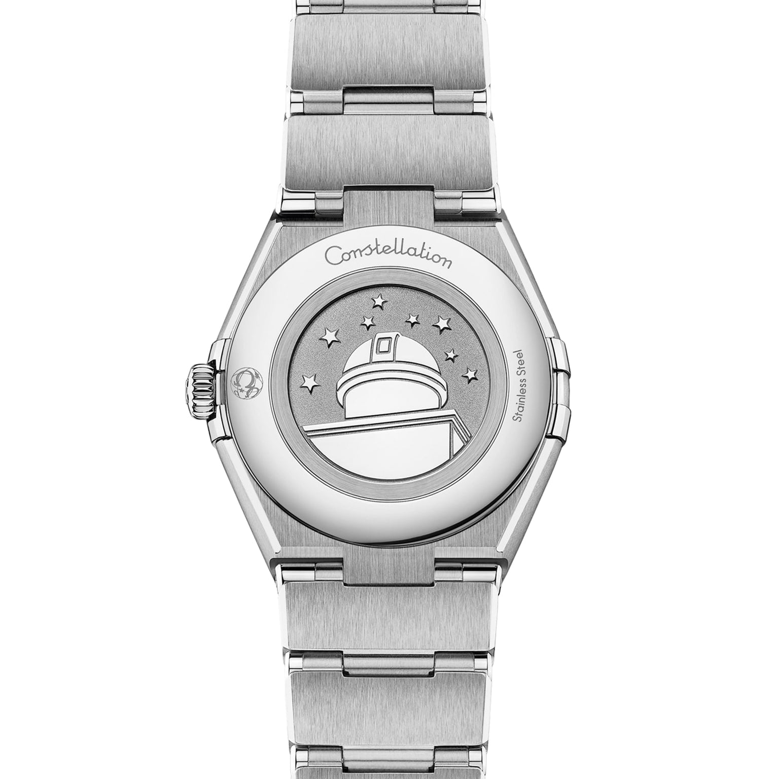 The OMEGA Constellation stainless steel watch’s caseback is engraved with an observatory dome and stars, and features Constellation inscribed at the top.