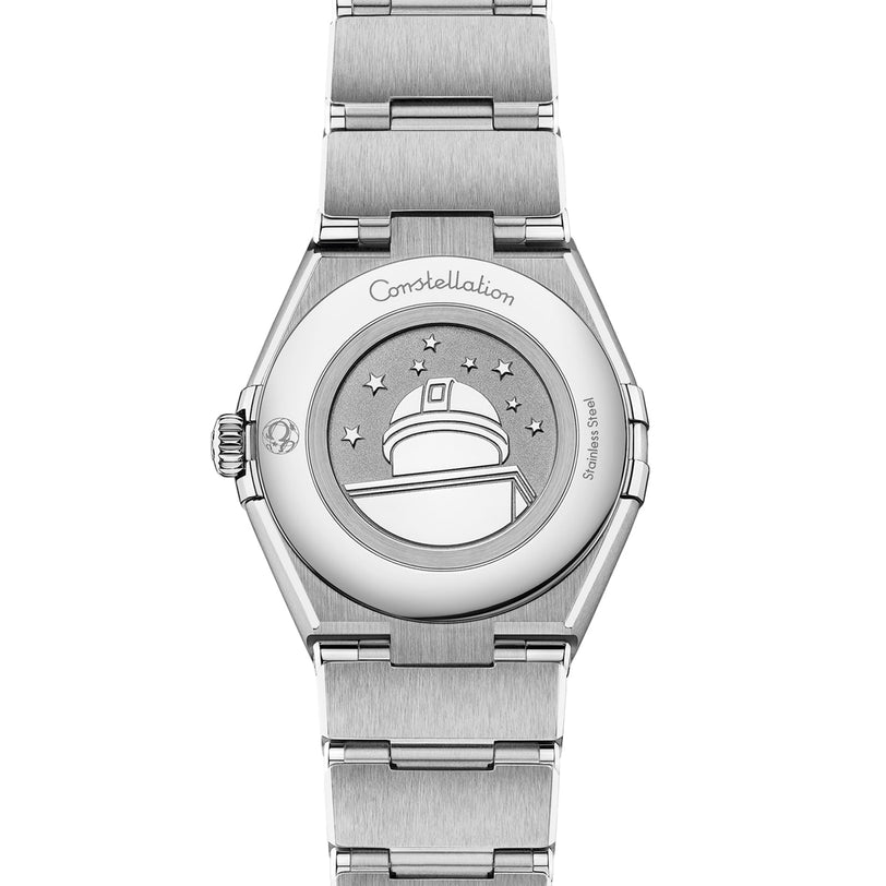The OMEGA Constellation stainless steel watch’s caseback is engraved with an observatory dome and stars, and features Constellation inscribed at the top.