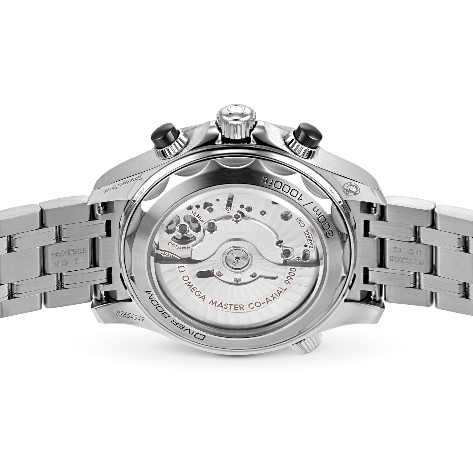 The back of the OMEGA Seamaster Diver 300M displays a transparent case, revealing the detailed mechanical movement and fine engravings.
