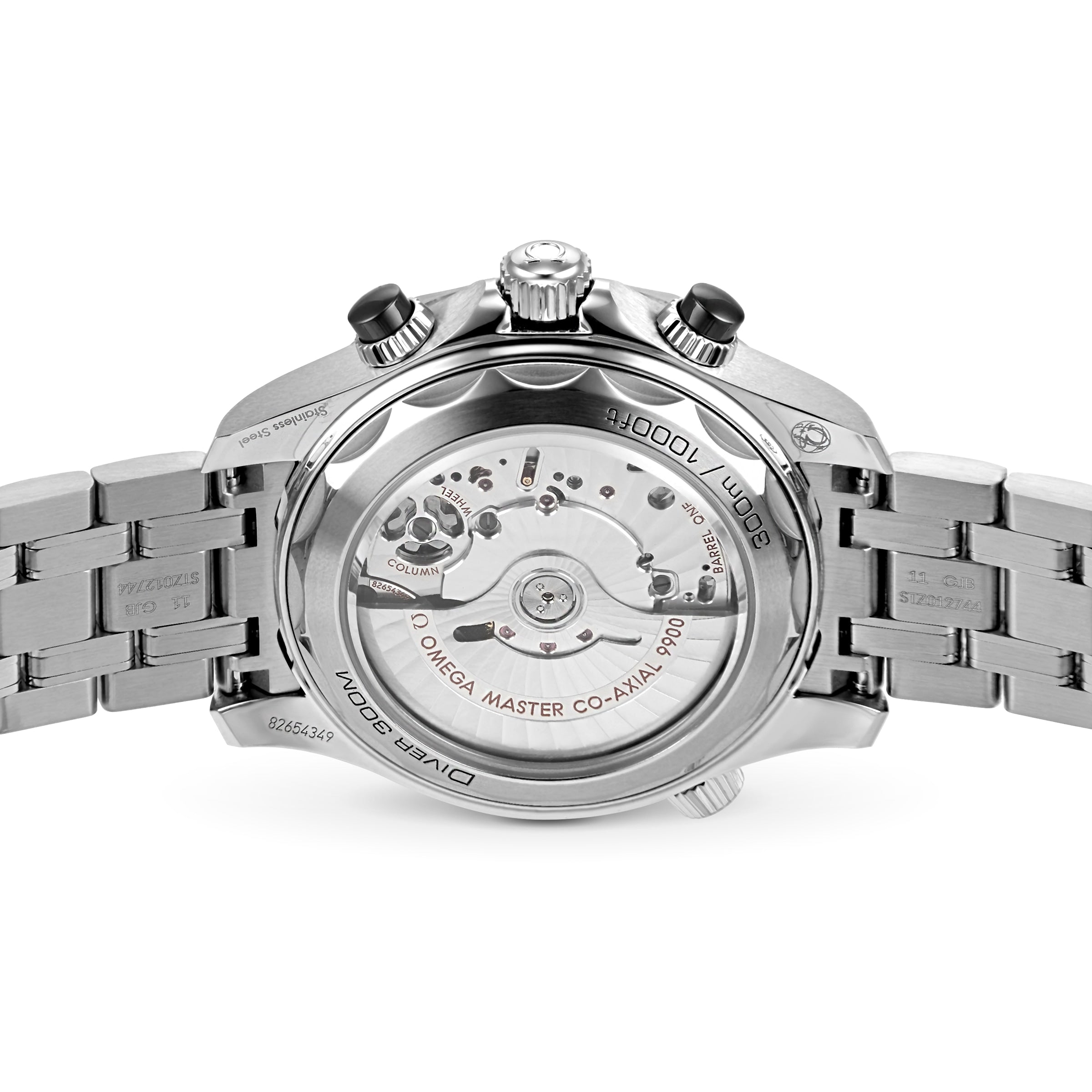The back of the OMEGA Seamaster Diver 300M displays a transparent case, revealing the detailed mechanical movement and fine engravings.