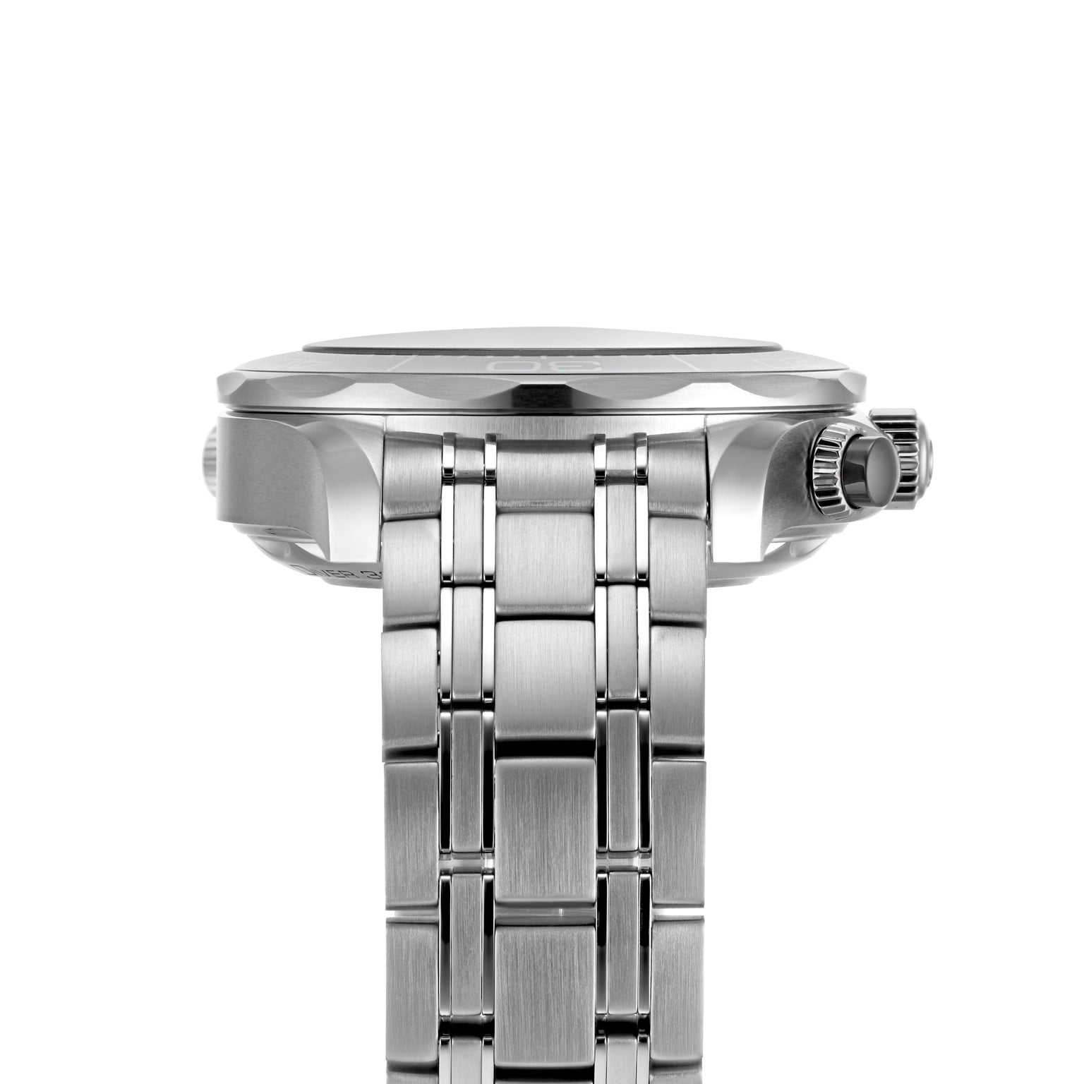Side view of the OMEGA Seamaster Diver 300M, showcasing its stainless steel case, metal link band, prominent crown, and polished finish against a white background.