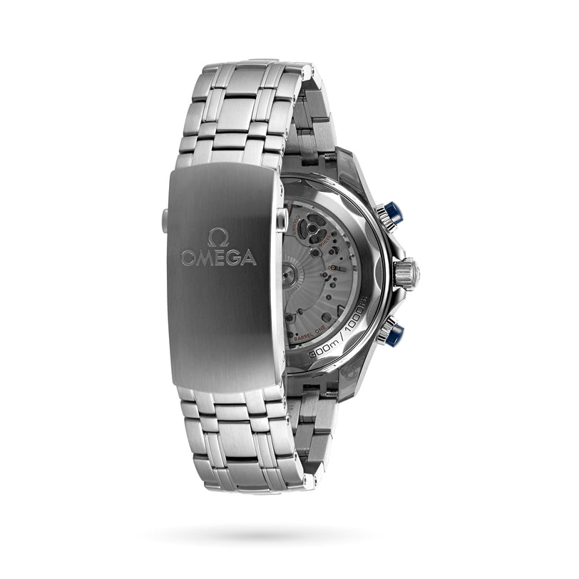 The back view of the OMEGA Seamaster Diver 300M highlights its stainless steel bracelet, clasp engraved with the OMEGA logo, and a glimpse of the watch’s mechanical movement.