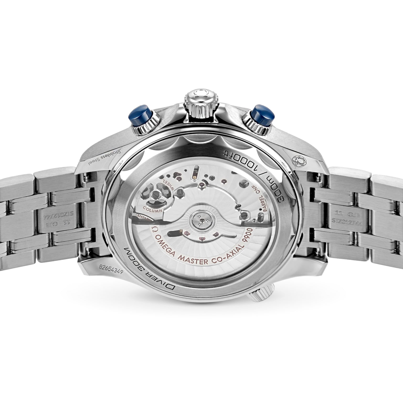 The OMEGA Seamaster Diver 300M’s transparent case back reveals its detailed inner movement and engraved rim specifications, highlighting this iconic James Bond dive watch.