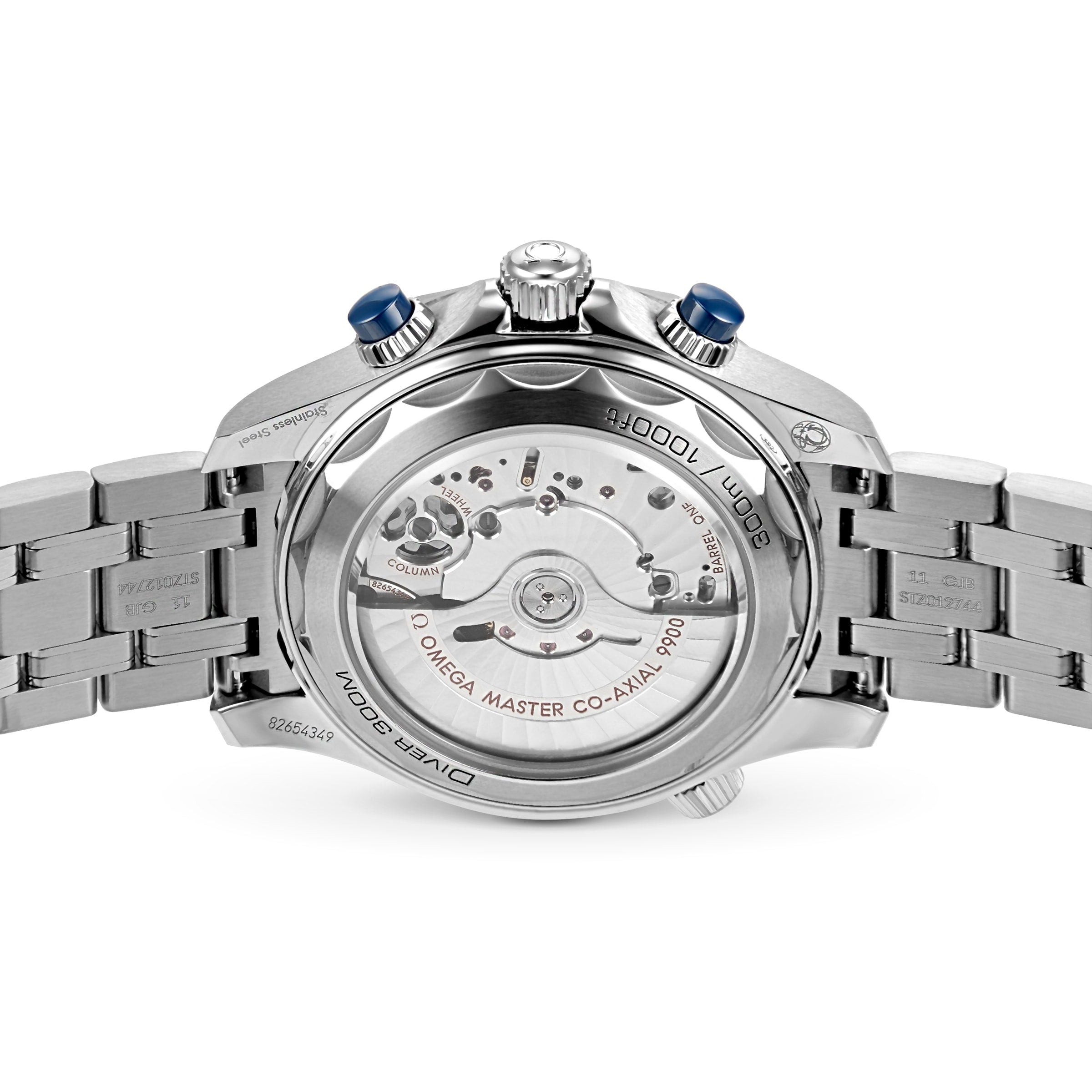 The OMEGA Seamaster Diver 300M’s transparent case back reveals its detailed inner movement and engraved rim specifications, highlighting this iconic James Bond dive watch.