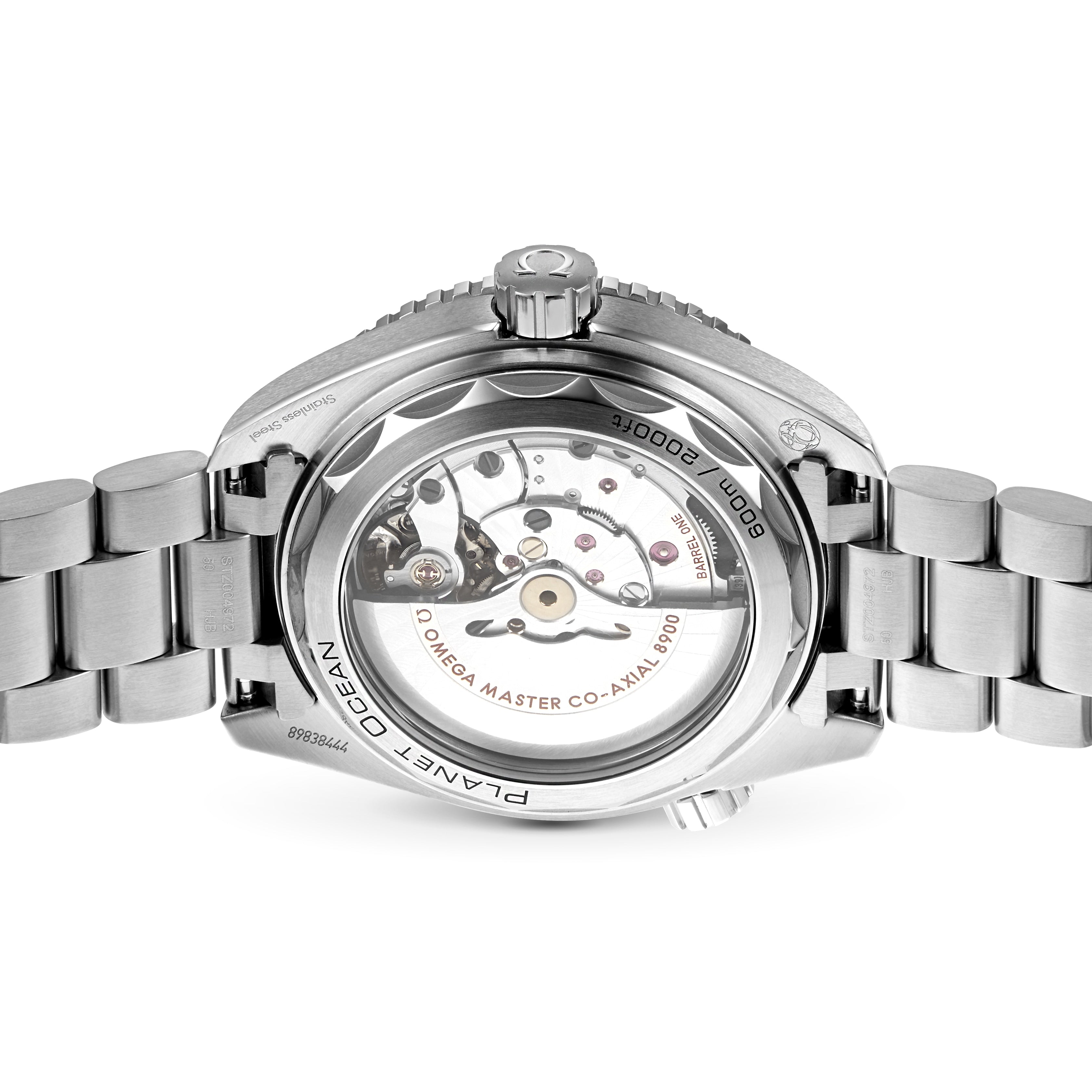 Back view of the OMEGA Seamaster Planet Ocean 600M, revealing its Master Chronometer movement through a transparent case back and paired with a stainless steel bracelet.