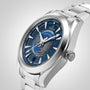 The OMEGA Seamaster Aqua Terra 150M features a blue and silver world map dial made with laser-ablation, displays multiple city time zones, and comes with a sleek stainless steel bracelet.