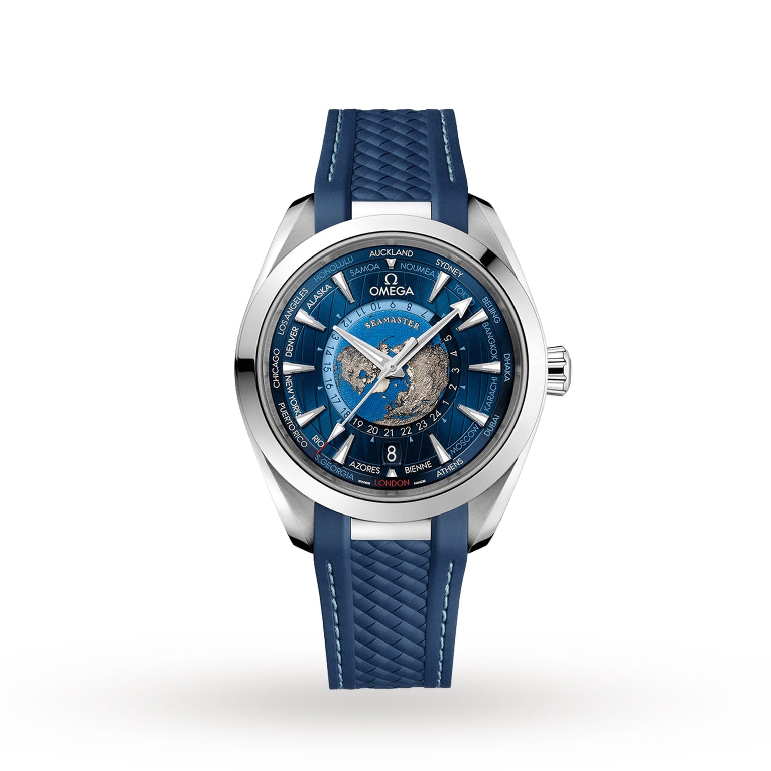 A blue OMEGA Seamaster Aqua Terra 150M wristwatch featuring a textured strap, multiple time zones, and a detailed world map on the dial.