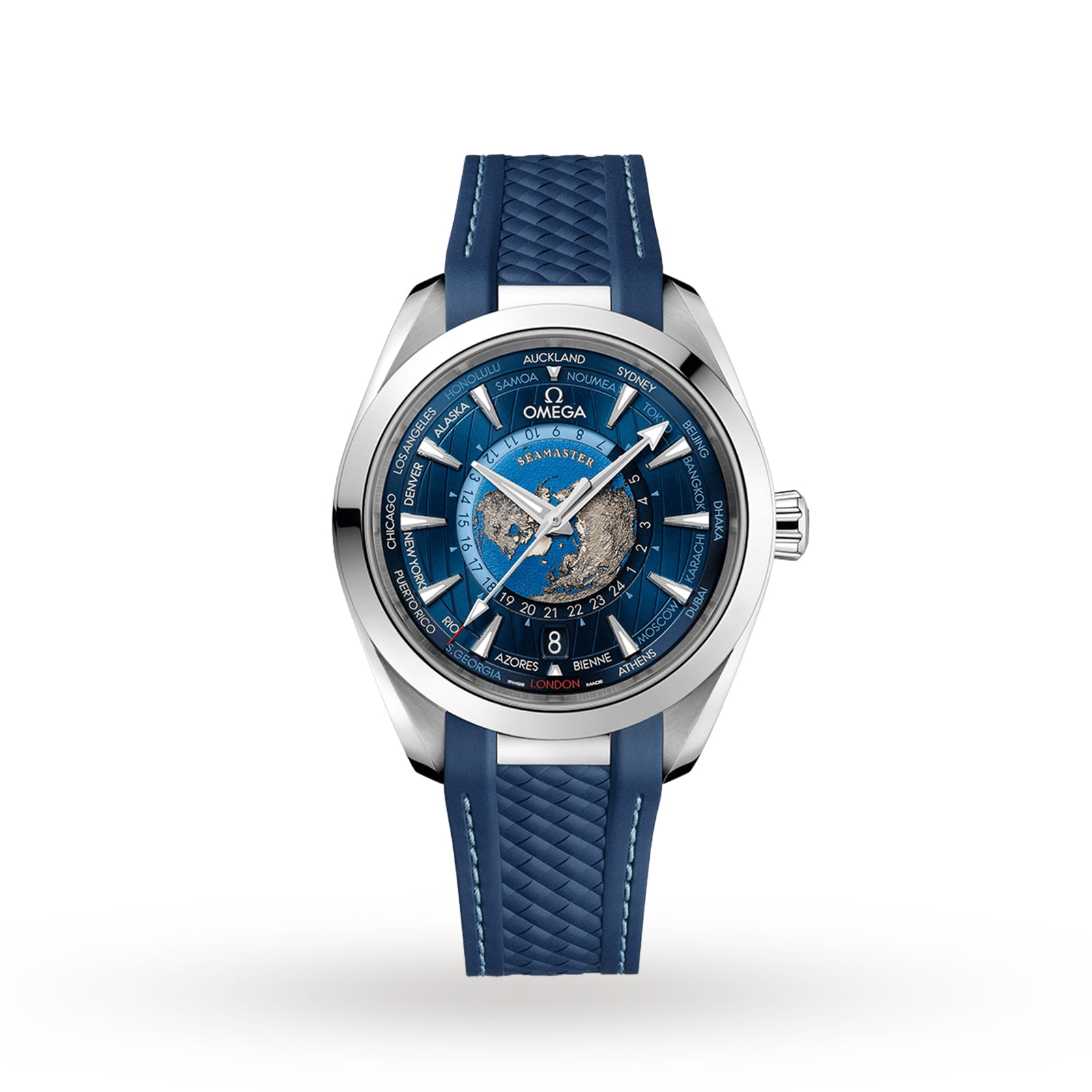 A blue OMEGA Seamaster Aqua Terra 150M wristwatch featuring a textured strap, multiple time zones, and a detailed world map on the dial.