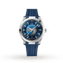 A blue OMEGA Seamaster Aqua Terra 150M wristwatch featuring a textured strap, multiple time zones, and a detailed world map on the dial.