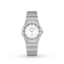 The OMEGA Constellation features a 28mm stainless steel case and band, complemented by a mother-of-pearl dial with diamond hour markers.