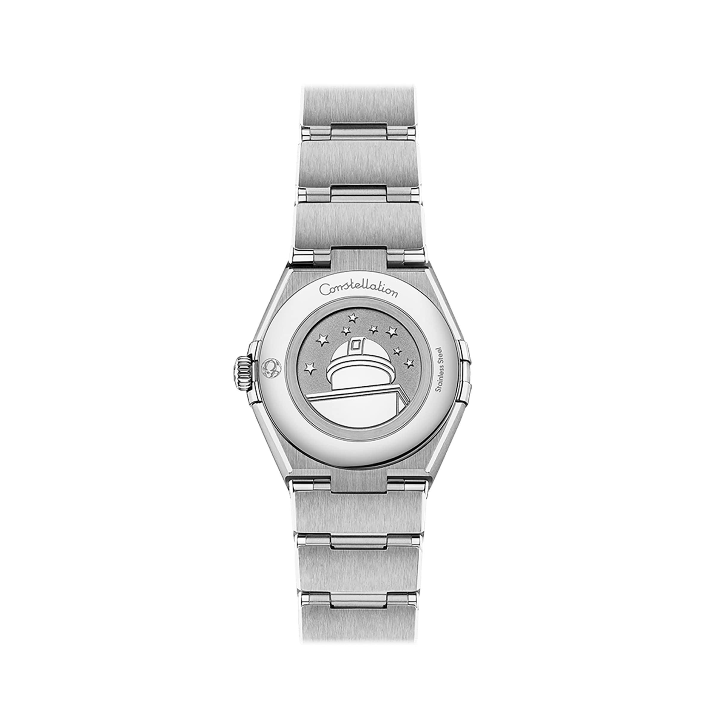 The back of the 28mm OMEGA Constellation features an engraved observatory dome with stars, while its watch band is brushed stainless steel.