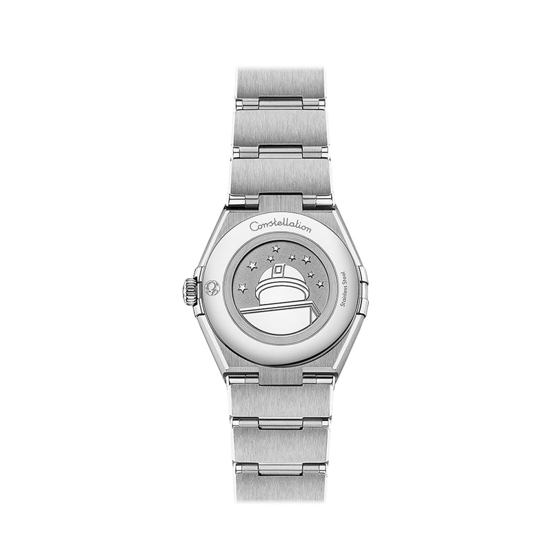 The back of the 28mm OMEGA Constellation features an engraved observatory dome with stars, while its watch band is brushed stainless steel.