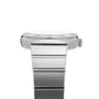 Side view of an OMEGA Constellation watch with a 28mm stainless steel round case, metal band, Roman numeral bezel, and ridged crown.