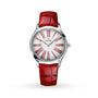 OMEGA’s De Ville Tresor 36 features a silver dial with red Roman numerals, a red leather strap, and sparkling diamonds on one side of the stainless steel case—a striking diamond-accented wristwatch.