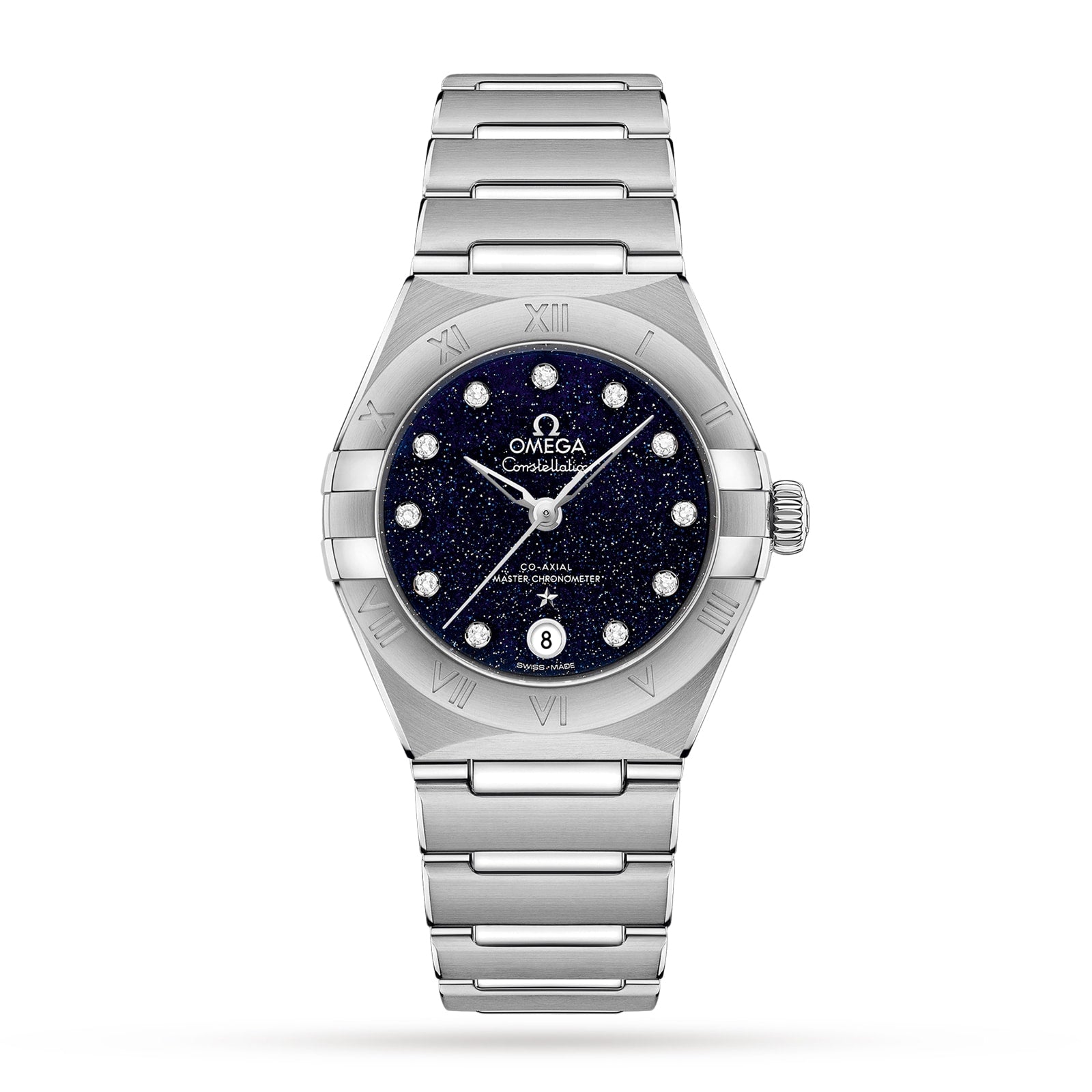 The OMEGA Constellation features a blue aventurine glass dial, diamond hour markers, date at 6 o’clock, Co-Axial Master Chronometer Calibre 8700, and a polished stainless steel bezel with Roman numerals.