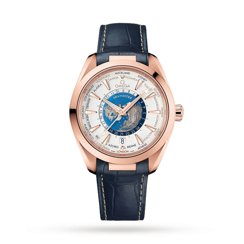 The OMEGA Seamaster Aqua Terra 150M is a luxury wristwatch featuring a blue leather strap, 18K Sedna™ Gold case, world map dial, and Worldtimer function for multiple cities and time zones.