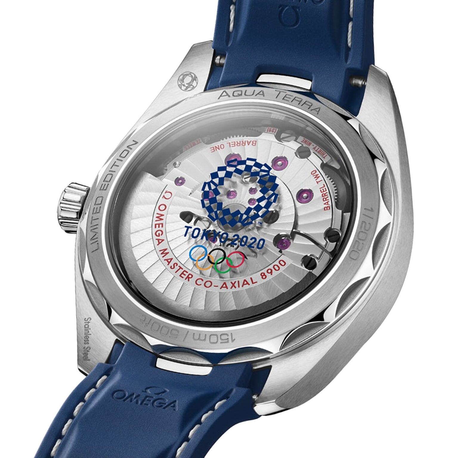The OMEGA Seamaster Tokyo 2020 Limited Edition features the Olympic Games Tokyo 2020 logo, limited edition engraving, and a Master Chronometer Calibre 8900 movement on the caseback.
