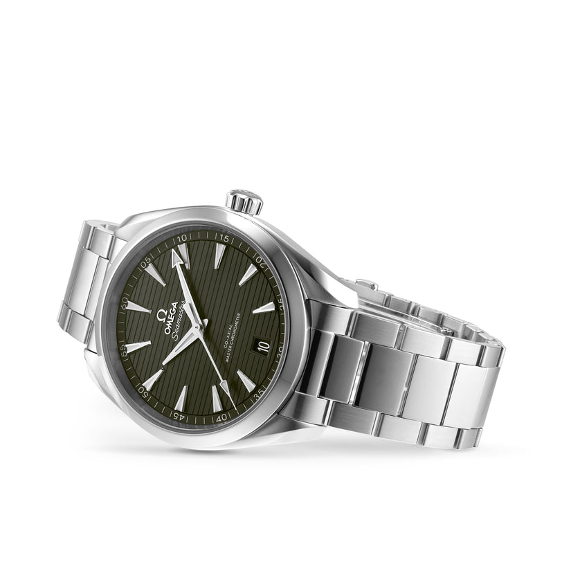 The OMEGA Seamaster Aqua Terra 150M is a stainless steel watch with a green textured dial, silver hour markers, date at 6 o’clock, and is powered by the precise 8900 calibre movement on a metal bracelet.